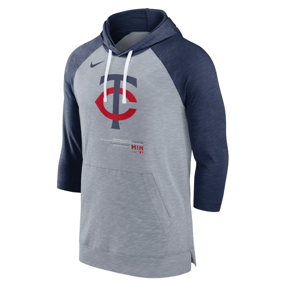 Minnesota Twins Baseball Raglan 3/4-Sleeve Pullover Hoodie - Heather Gray/Heather Navy | Nike
