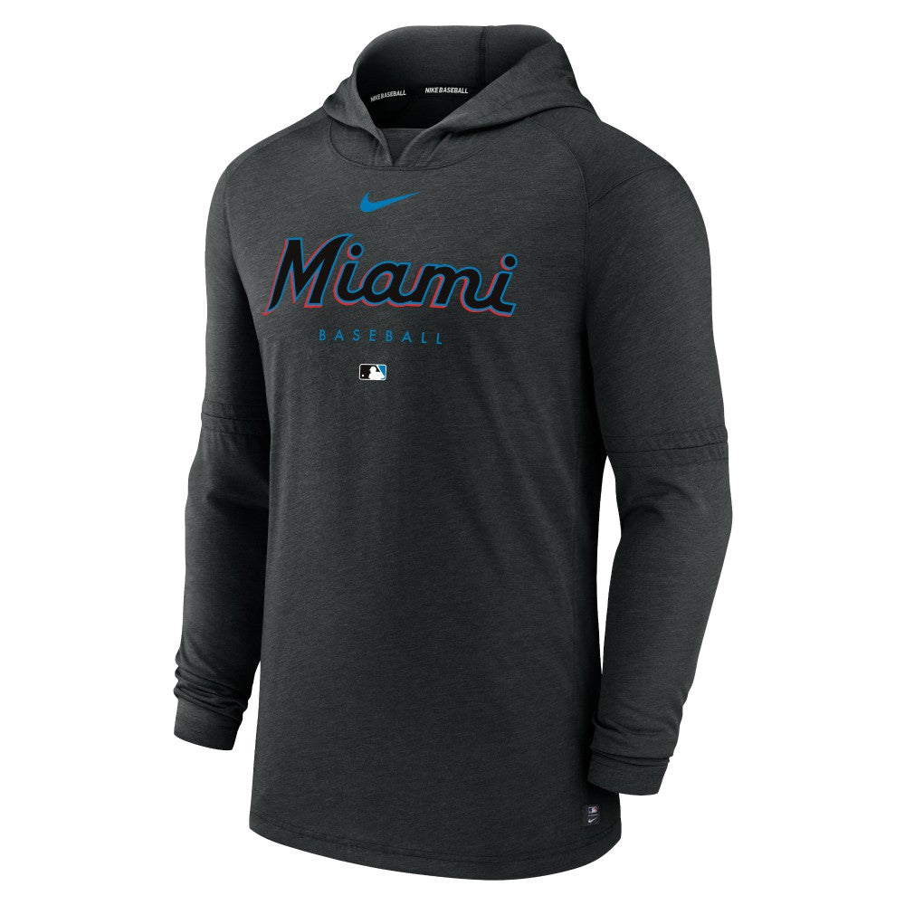 Miami Marlins Authentic Collection Lightweight Dri-FIT Hooded Pullover - Heather Black | Nike