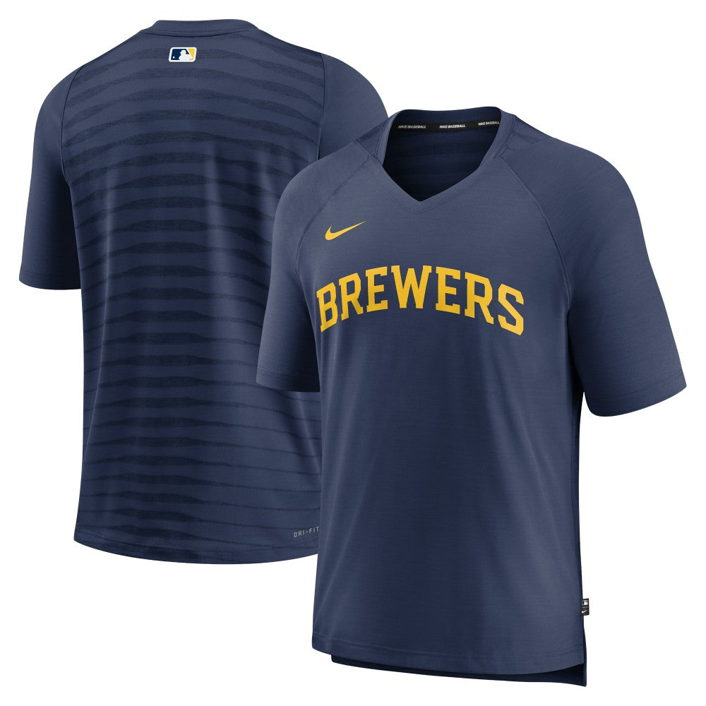 Milwaukee Brewers Authentic Collection Pregame Raglan Performance V-Neck T-Shirt - Navy | Nike