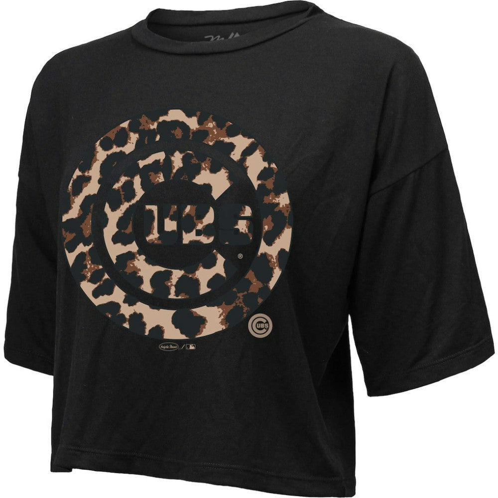 Chicago Cubs Majestic Threads Women's Leopard Cropped T-Shirt - Black