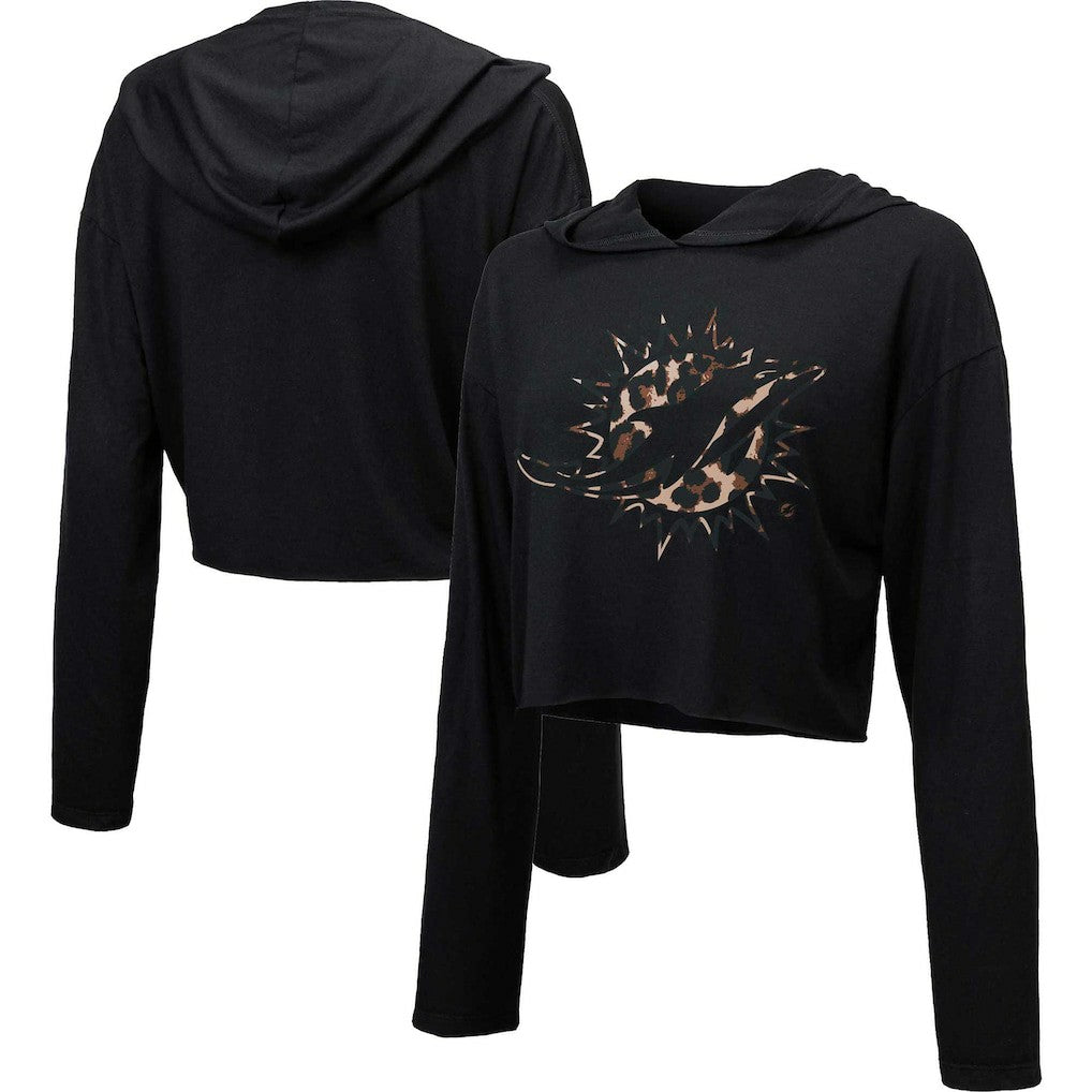 NFL Miami Dolphins Majestic Threads Women's Leopard Cropped Pullover Hoodie