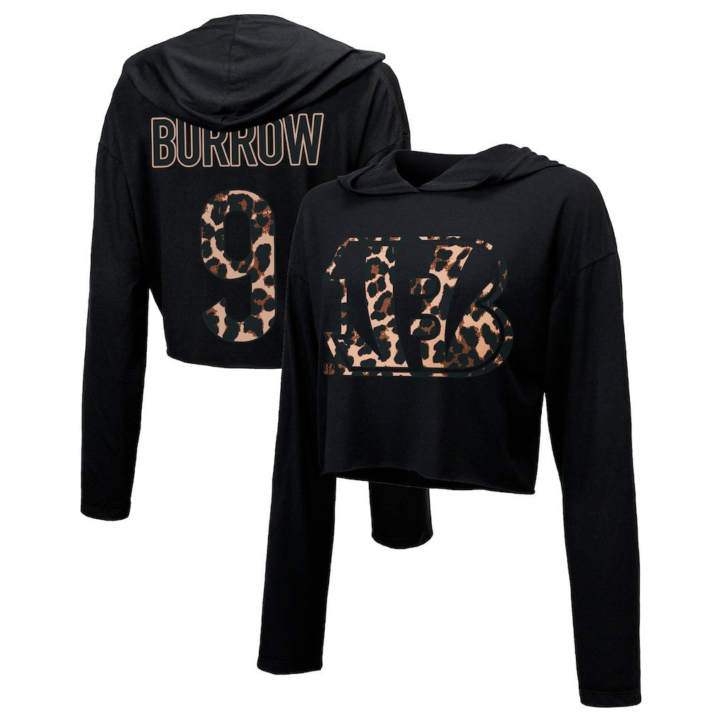 NFL Cincinnati Bengals Joe Burrow  Majestic Threads Women's Leopard Player Name & Number Long Sleeve Cropped Hoodie