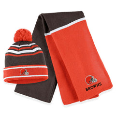NFL Cleveland Browns WEAR by Erin Andrews Women's Colorblock Cuffed Knit Hat with Pom and Scarf Set