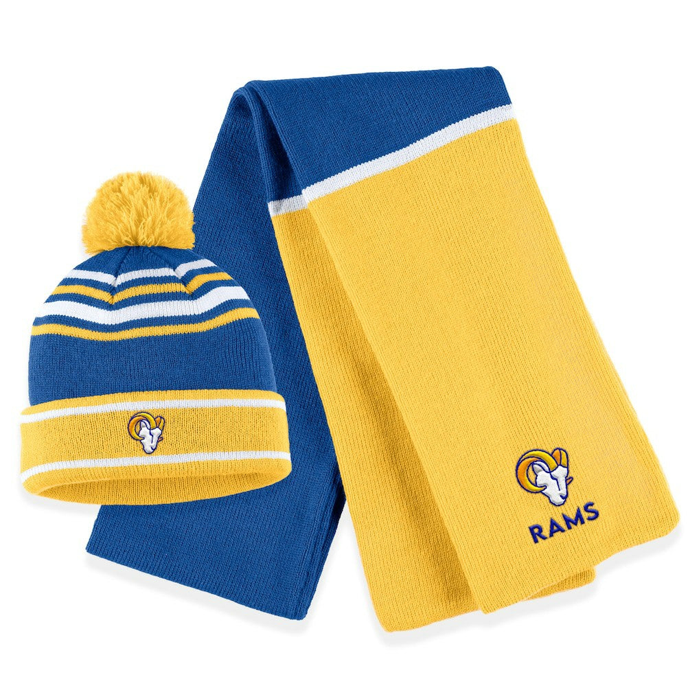 NFL Los Angeles Rams WEAR by Erin Andrews Women's Colorblock Cuffed Knit Hat with Pom and Scarf Set