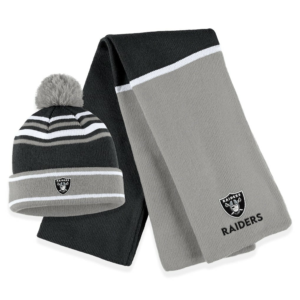 NFL Las Vegas Raiders WEAR by Erin Andrews Women's Colorblock Cuffed Knit Hat with Pom and Scarf Set