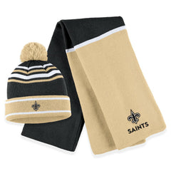 NFL New Orleans Saints WEAR by Erin Andrews Women's Colorblock Cuffed Knit Hat with Pom and Scarf Set