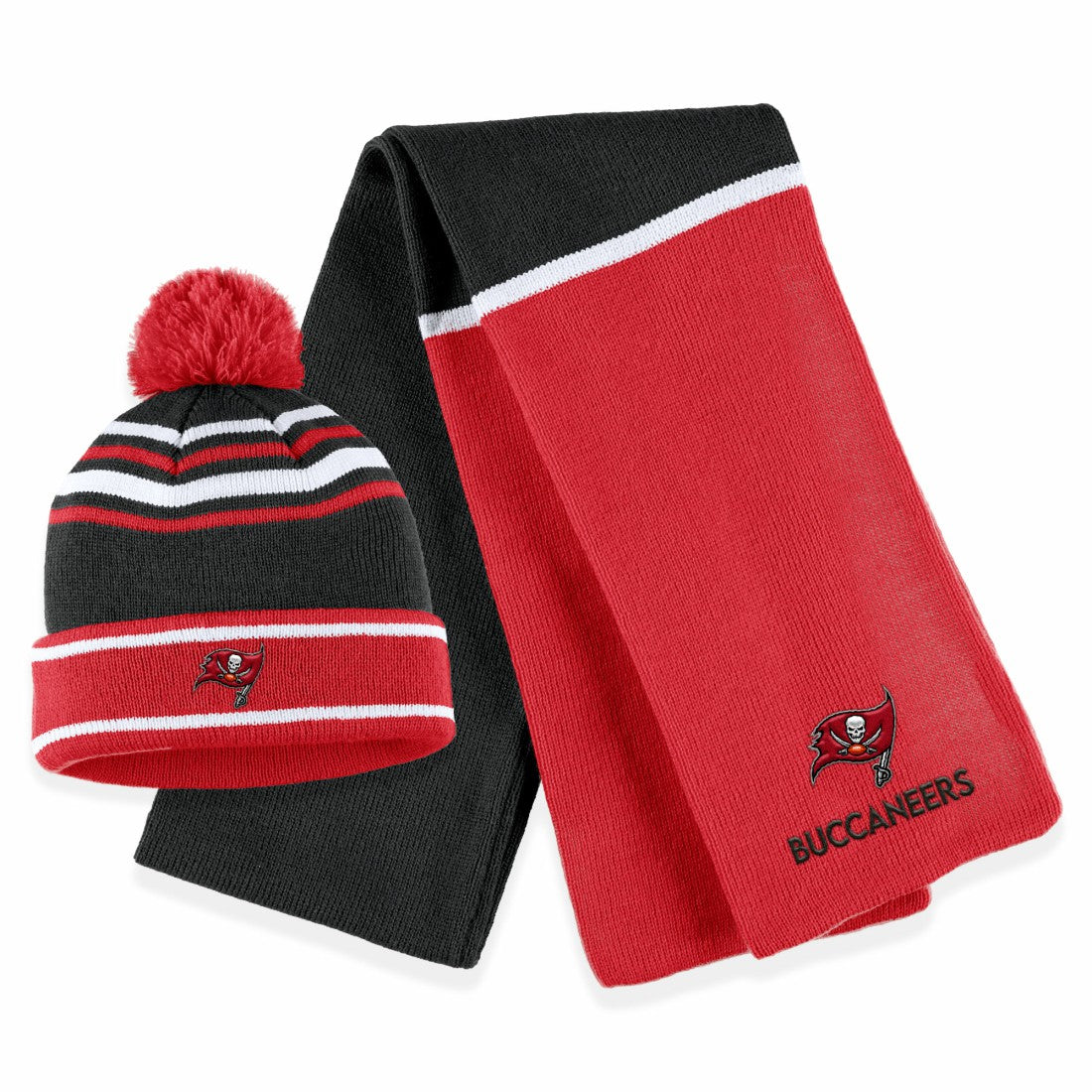 NFL Tampa Bay Buccaneers WEAR by Erin Andrews Women's Colorblock Cuffed Knit Hat with Pom and Scarf Set