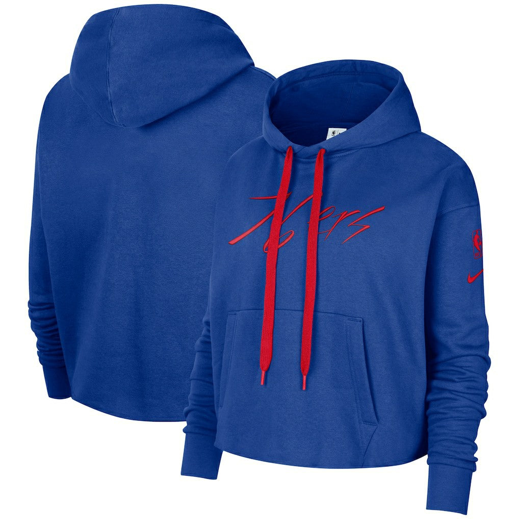 Philadelphia 76ers Women's Split Flip Courtside Cropped Pullover Hoodie - Royal | Nike discount
