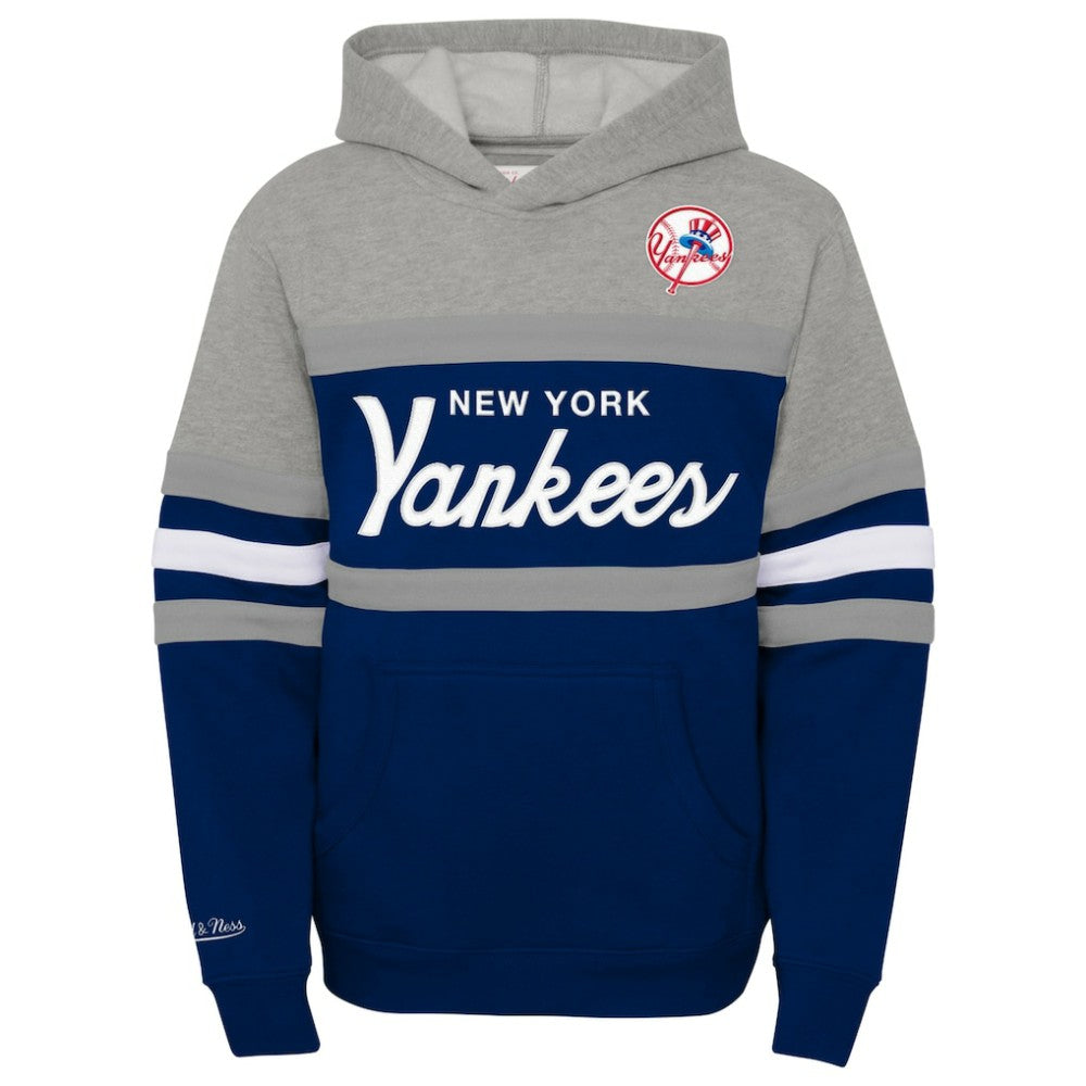 New York Yankees Youth Cooperstown Collection Head Coach Pullover Hoodie - Heather Gray/Navy | Mitchell & Ness