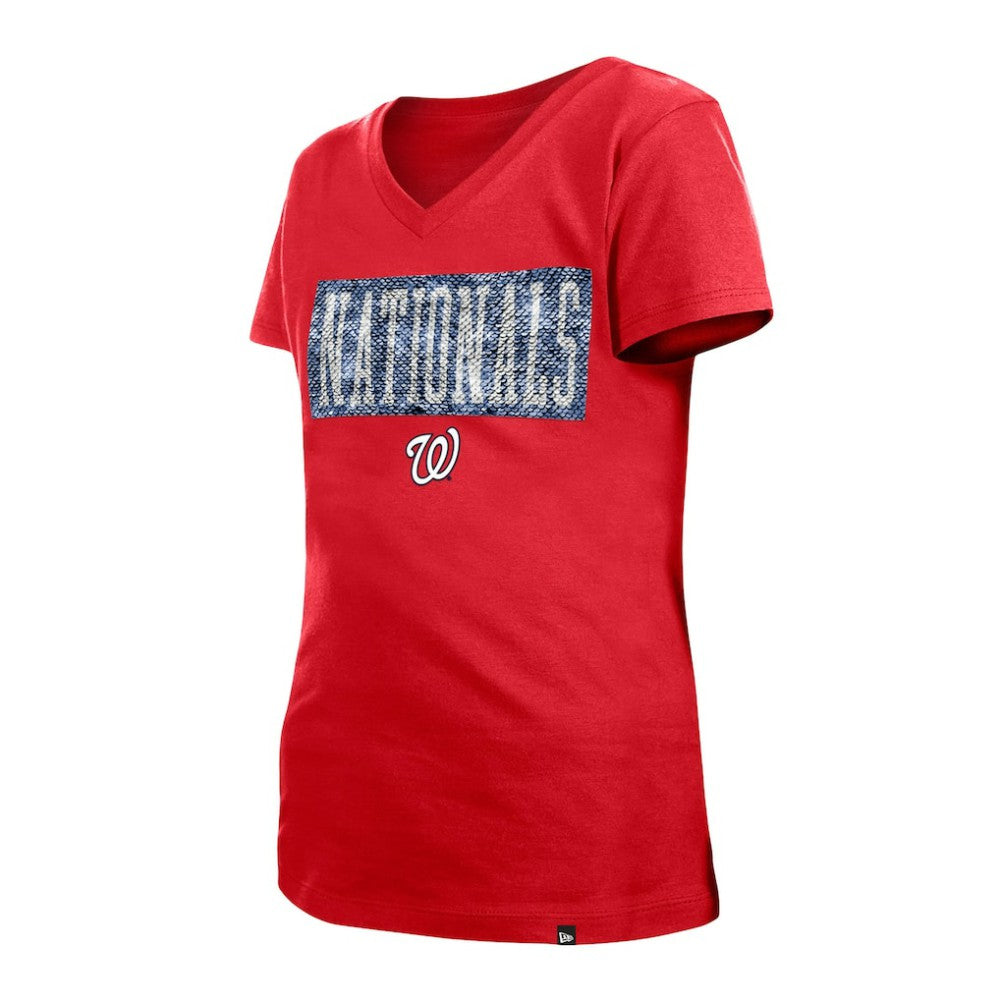 Washington Nationals Girls Youth Flip Sequin Team V-Neck T-Shirt - Red | New Era