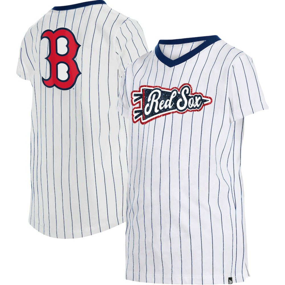 Boston Red Sox Girls Youth Pinstripe V-Neck T-Shirt - White | New Era
