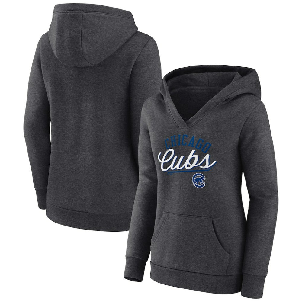 Chicago Cubs Women's Simplicity Crossover V-Neck Pullover Hoodie - Heather Charcoal