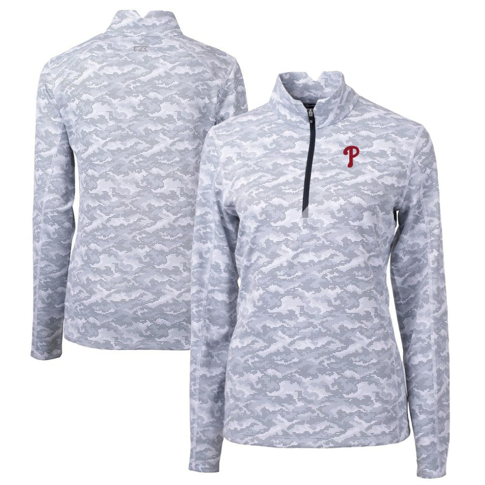 Philadelphia Phillies Cutter & Buck Women's Traverse Camo Print Stretch Quarter-Zip Pullover Top - Charcoal