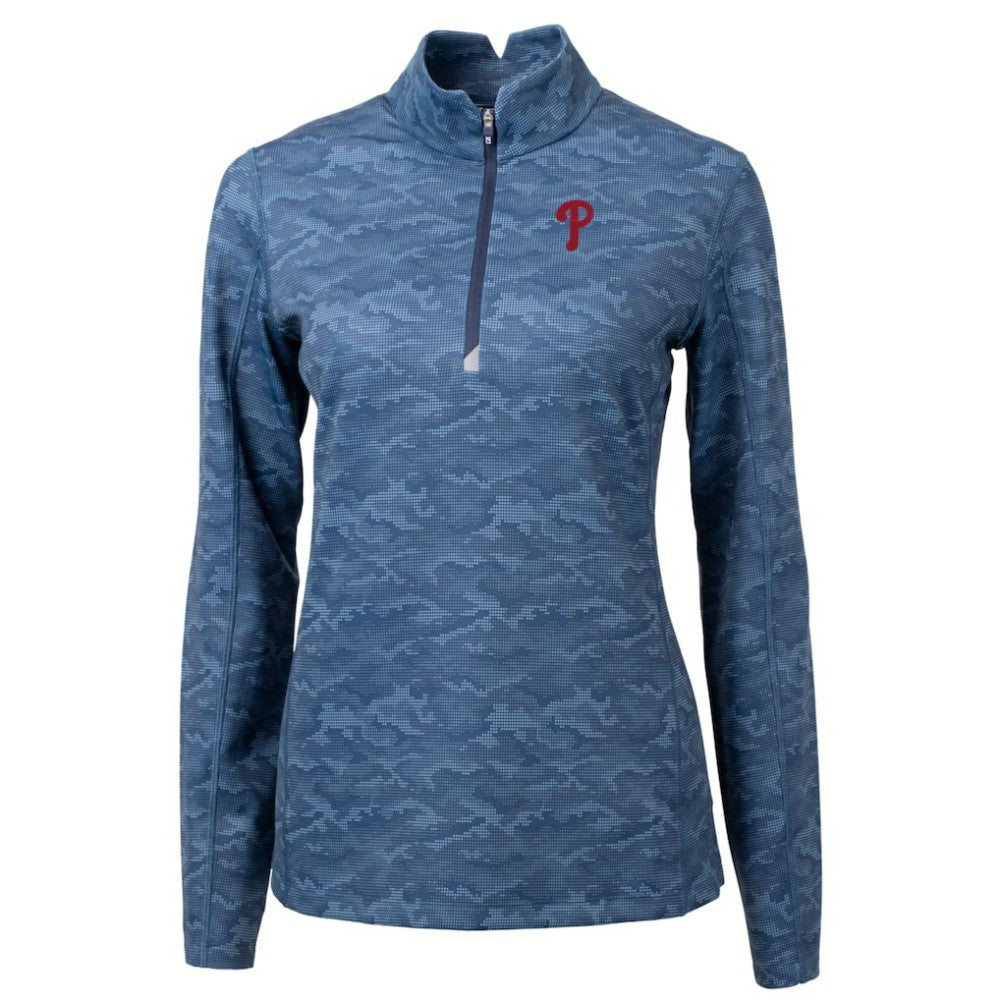Philadelphia Phillies Cutter & Buck Women's Traverse Camo Print Stretch Quarter-Zip Pullover Top - Navy