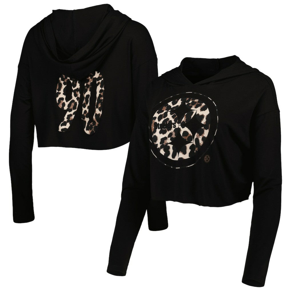 NFL Pittsburgh Steelers T.J. Watt  Majestic Threads Women's Leopard Player Name & Number Long Sleeve Cropped Hoodie