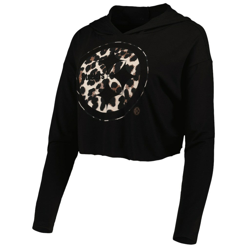 NFL Pittsburgh Steelers T.J. Watt  Majestic Threads Women's Leopard Player Name & Number Long Sleeve Cropped Hoodie