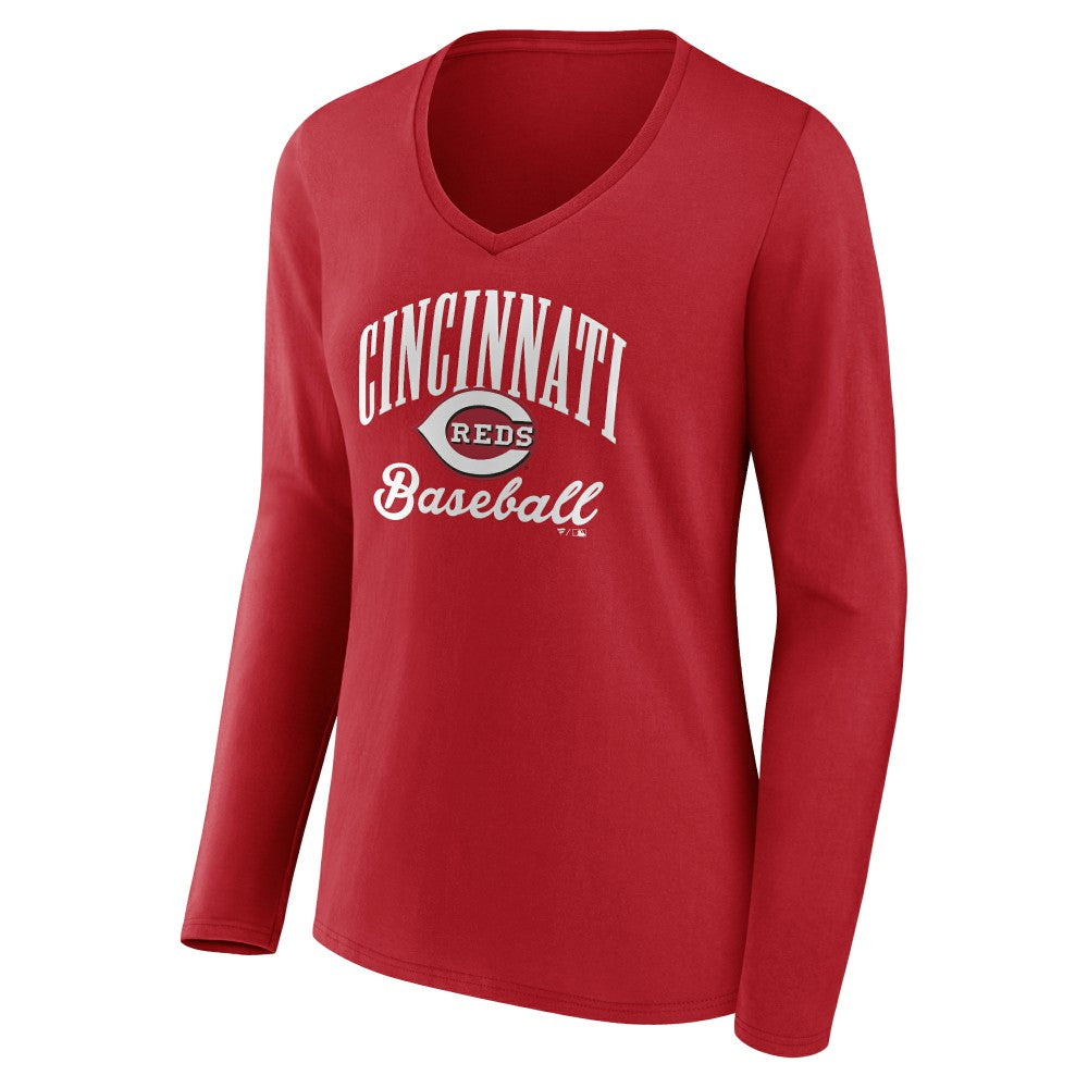 Cincinnati Reds Women's Victory Script Long Sleeve V-Neck T-Shirt - Red