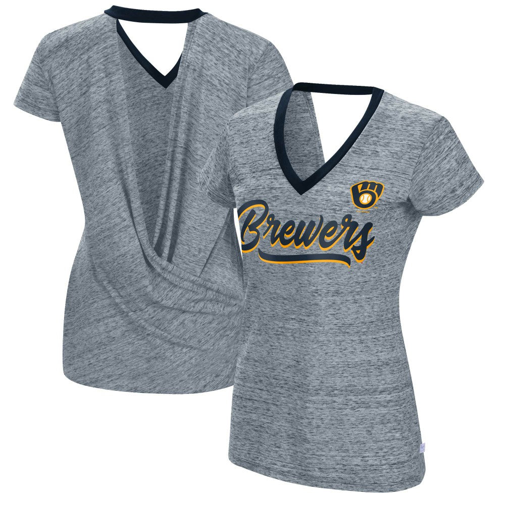 Milwaukee Brewers Touch Women's Halftime Back Wrap Top V-Neck T-Shirt - Navy