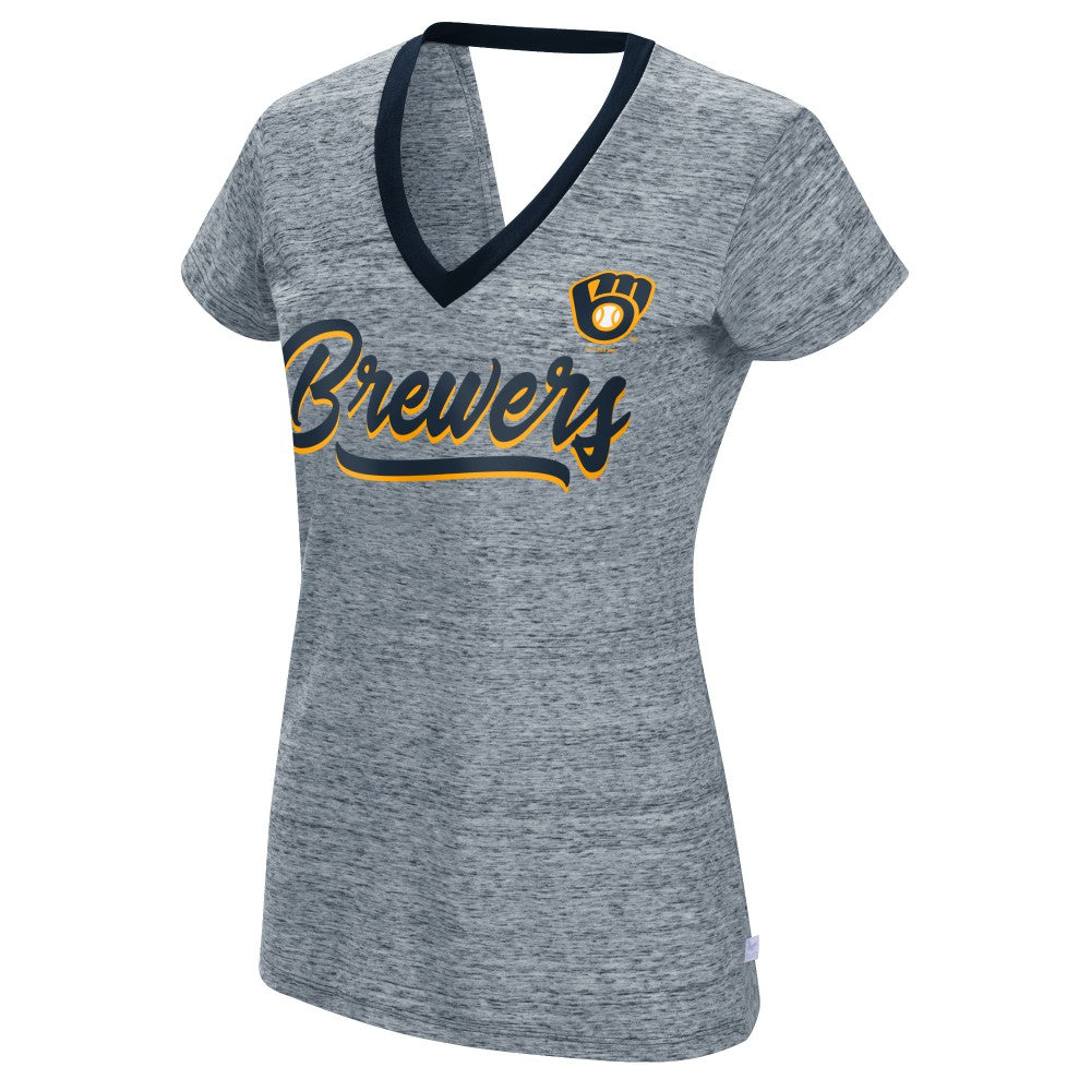 Milwaukee Brewers Touch Women's Halftime Back Wrap Top V-Neck T-Shirt - Navy