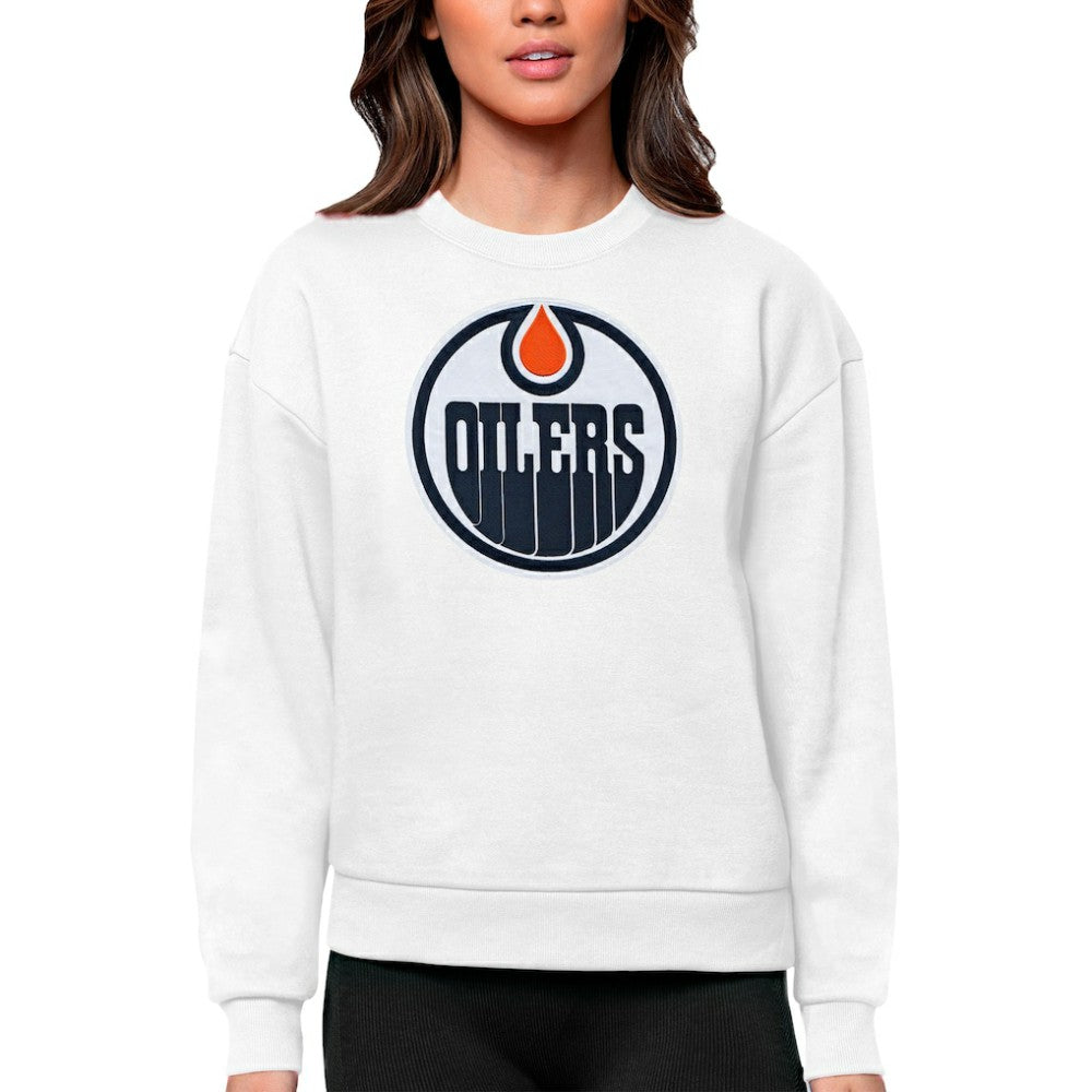 Edmonton Oilers Antigua Women's Team Logo Victory Crewneck Pullover Sweatshirt