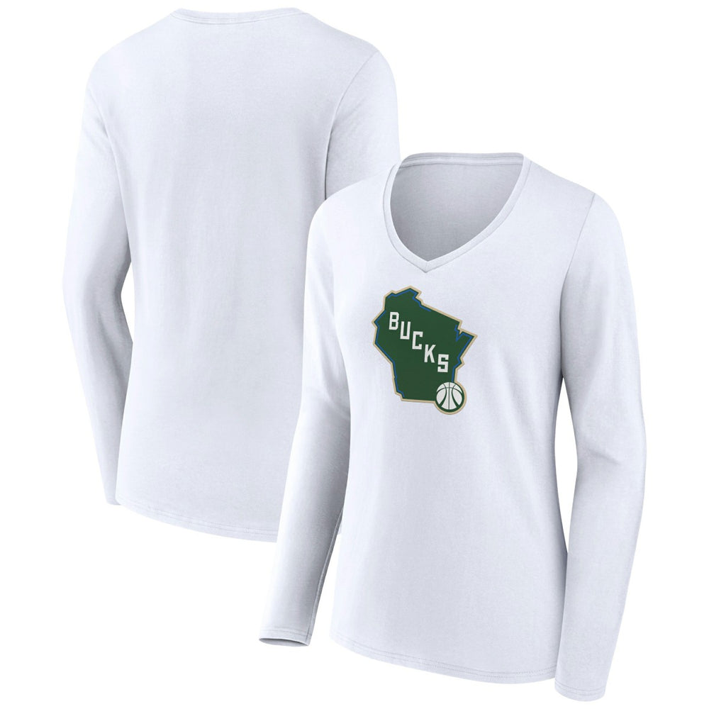 Milwaukee Bucks Women's Alternate Logo V-Neck Long Sleeve T-Shirt - White outlet