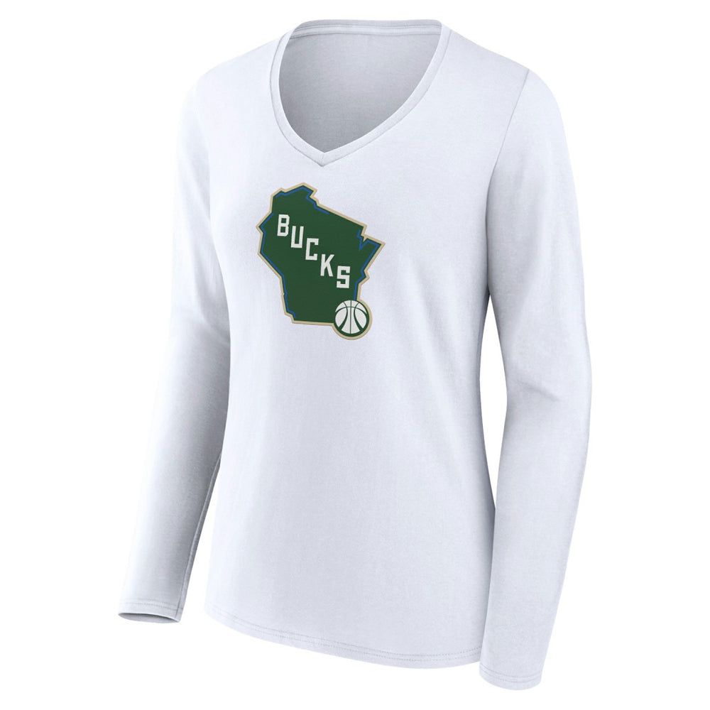 Milwaukee Bucks Women's Alternate Logo V-Neck Long Sleeve T-Shirt - White outlet