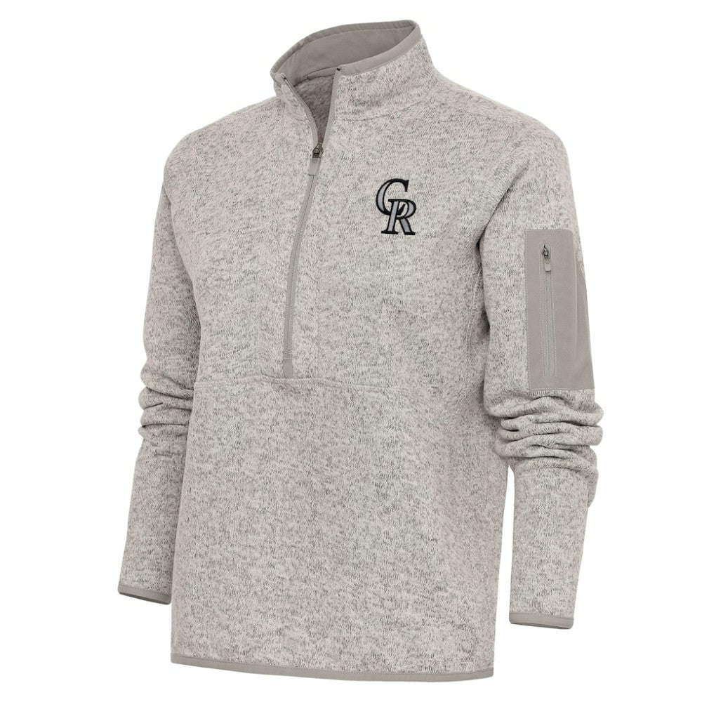 Colorado Rockies Antigua Women's Logo Fortune Quarter-Zip Pullover Jacket - Oatmeal