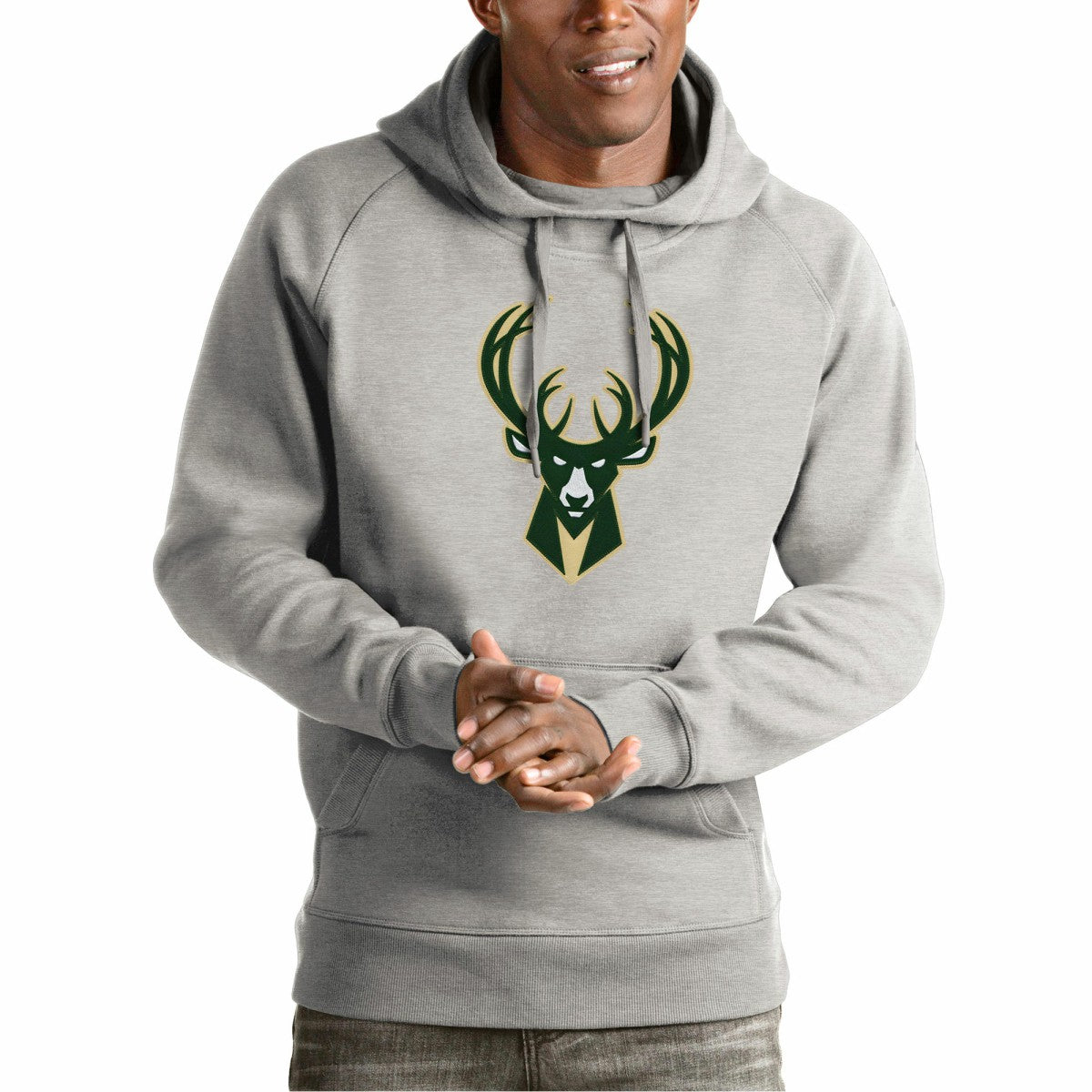 Milwaukee Bucks Antigua Team Logo Victory Pullover Hoodie - Heather Gray discount