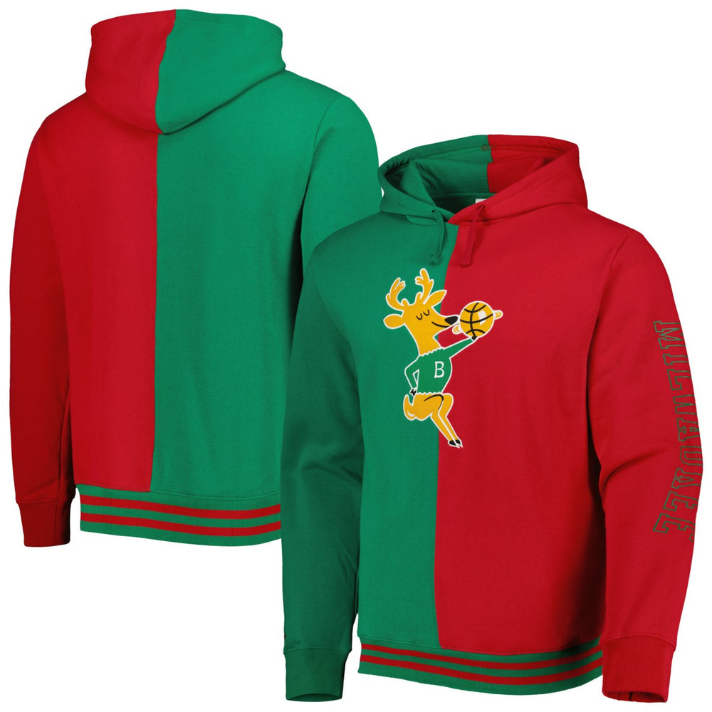 Milwaukee Bucks Hardwood Classics Split Pullover Hoodie - Green/Red | Mitchell & Ness cheap