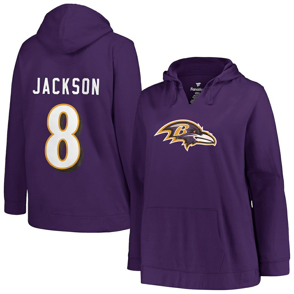 NFL Baltimore Ravens Lamar Jackson  Profile Women's Plus Size Player Name & Number Pullover Hoodie