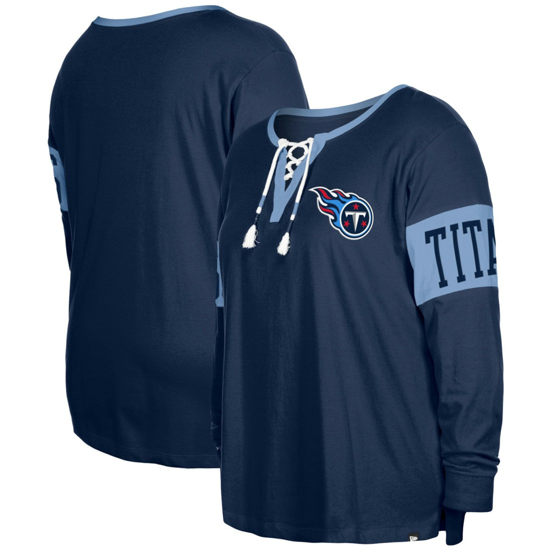 NFL Tennessee Titans Women's Plus Size Lace-Up Notch Neck Long Sleeve T-Shirt