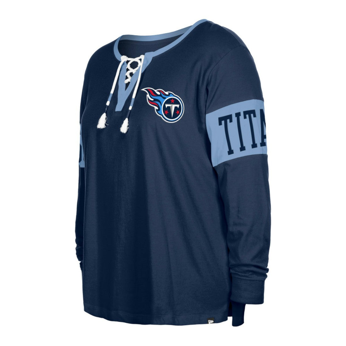 NFL Tennessee Titans Women's Plus Size Lace-Up Notch Neck Long Sleeve T-Shirt