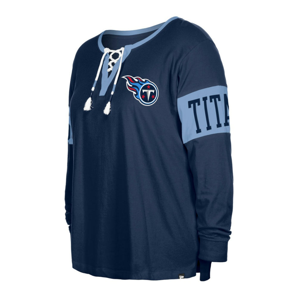 NFL Tennessee Titans Women's Plus Size Lace-Up Notch Neck Long Sleeve T-Shirt