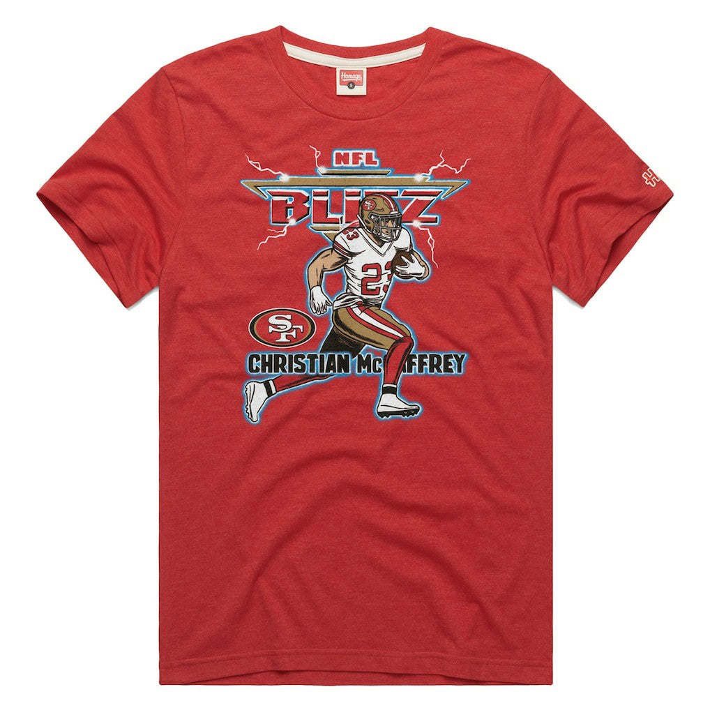 NFL San Francisco 49ers Christian McCaffrey  Homage Unisex NFL Blitz Player Tri-Blend T-Shirt