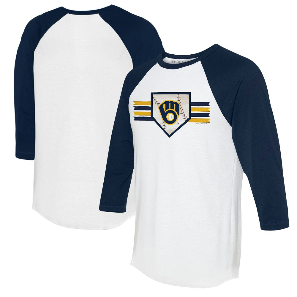 Milwaukee Brewers Tiny Turnip Women's Base Stripe 3/4-Sleeve Raglan T-Shirt - White/Navy