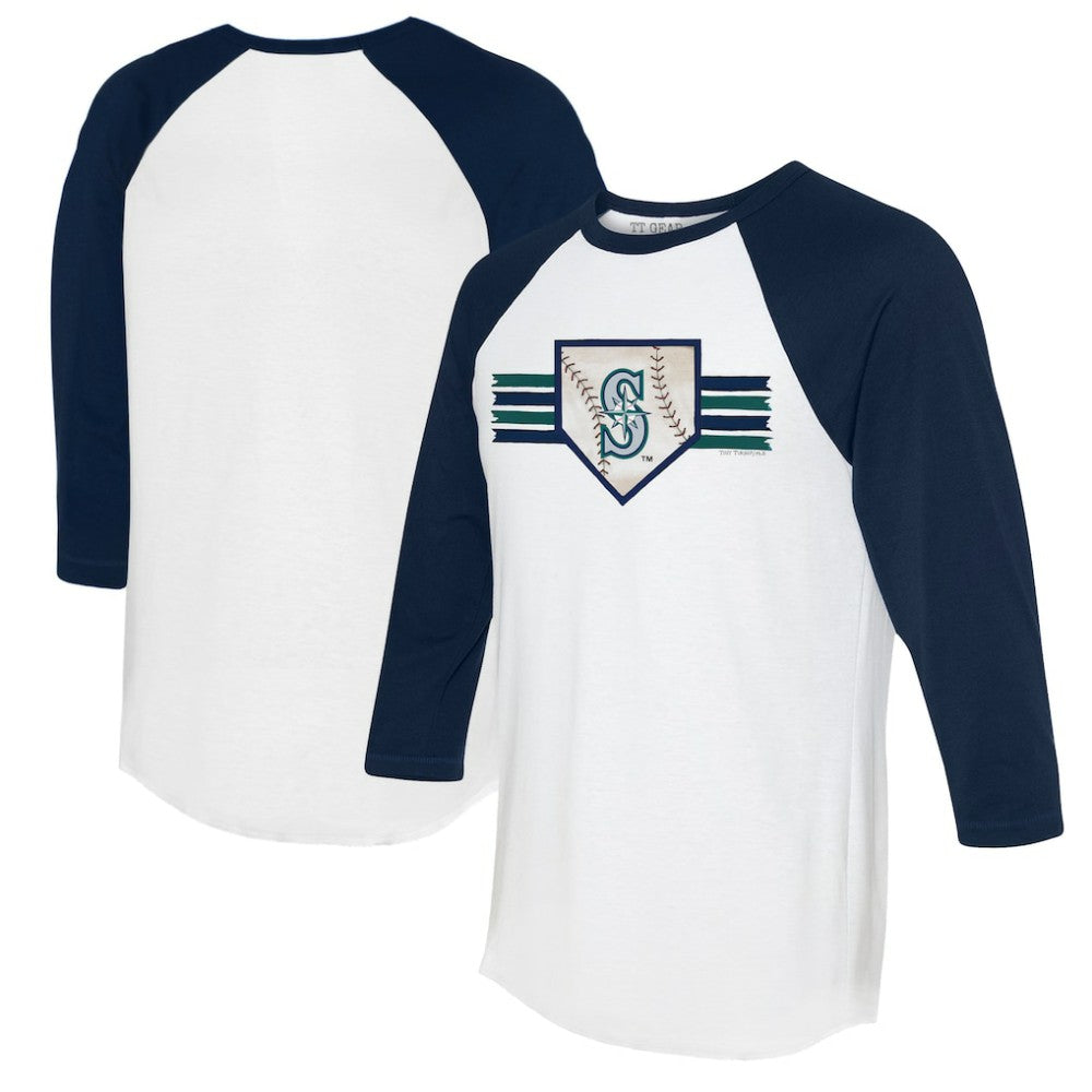 Seattle Mariners Tiny Turnip Women's Base Stripe 3/4-Sleeve Raglan T-Shirt - White/Navy