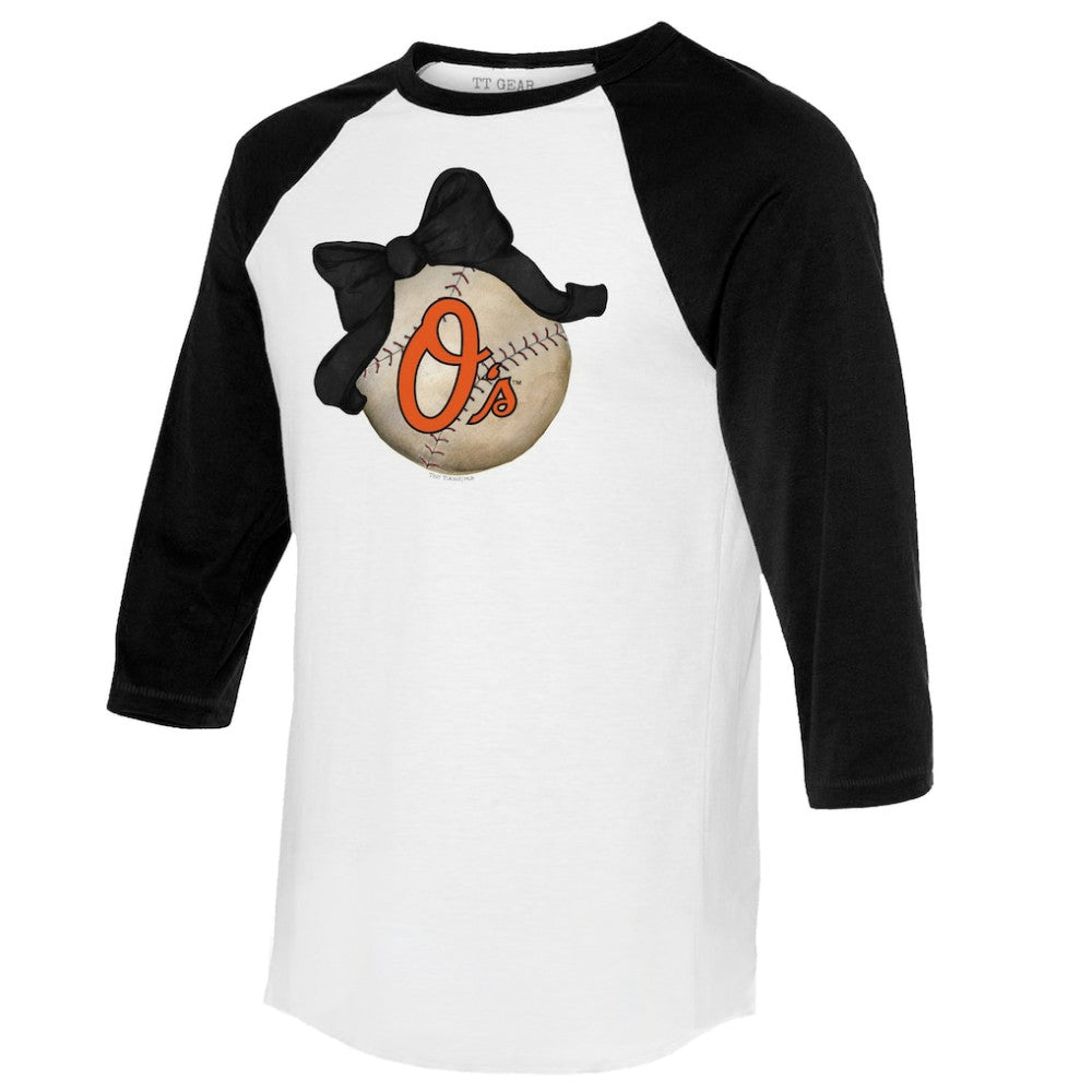 Baltimore Orioles Tiny Turnip Women's Baseball Bow 3/4-Sleeve Raglan T-Shirt - White/Black
