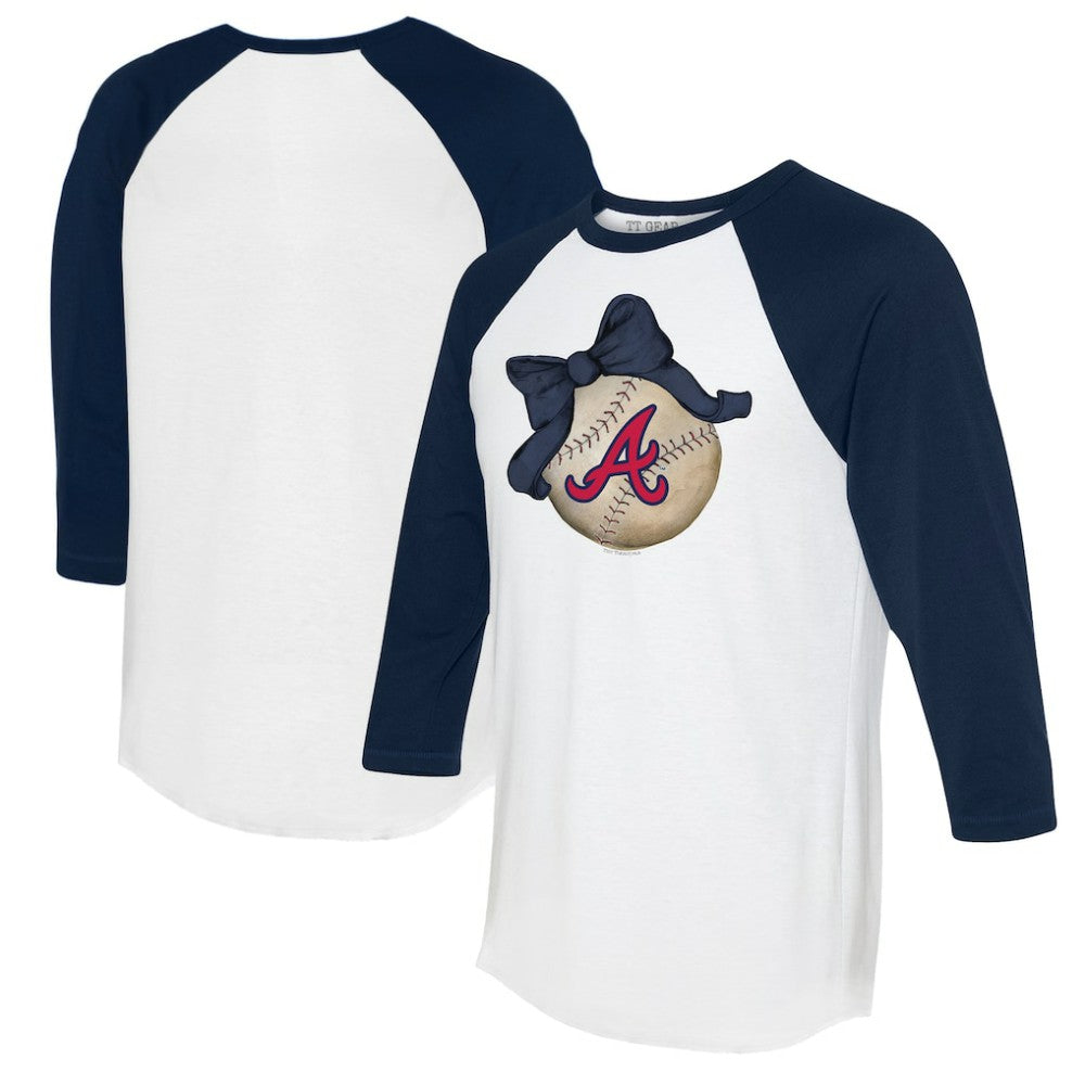 Atlanta Braves Tiny Turnip Women's Baseball Bow 3/4-Sleeve Raglan T-Shirt - White/Navy