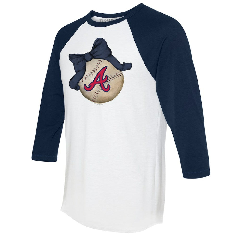 Atlanta Braves Tiny Turnip Women's Baseball Bow 3/4-Sleeve Raglan T-Shirt - White/Navy