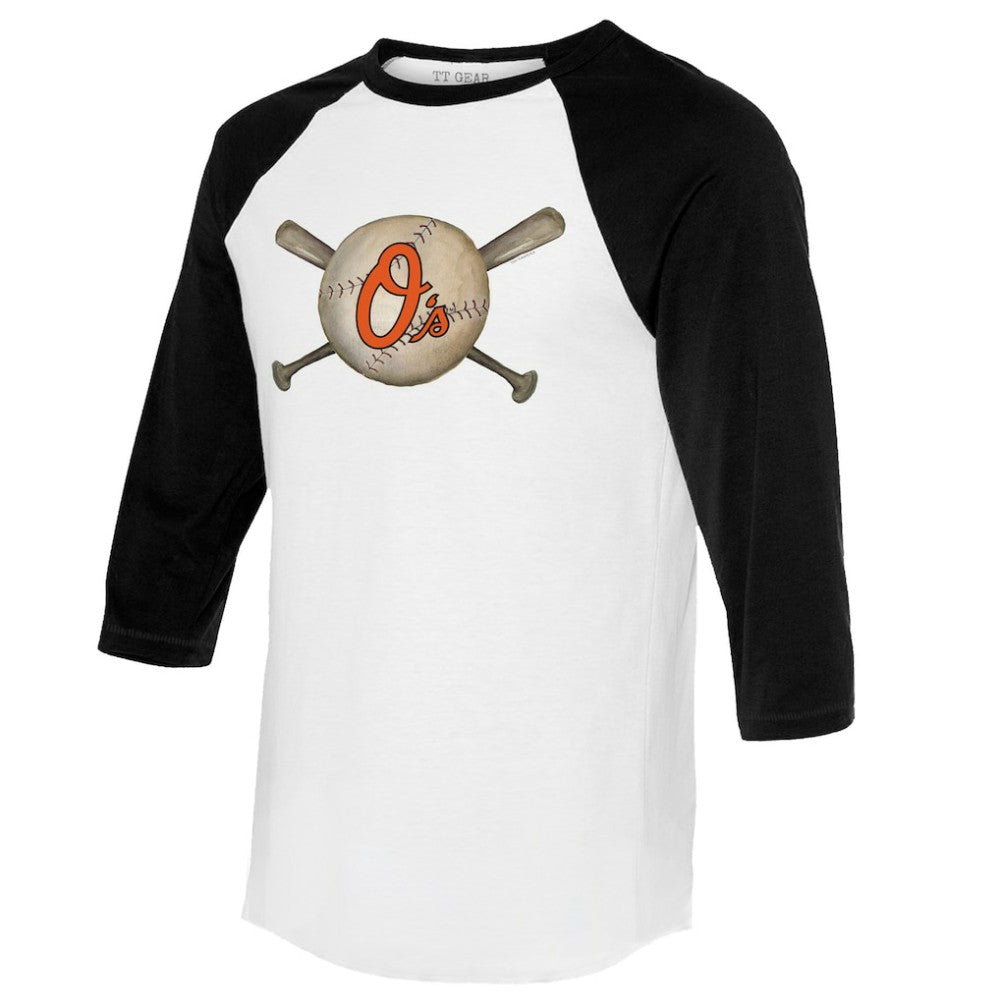 Baltimore Orioles Tiny Turnip Women's Baseball Cross Bats 3/4-Sleeve Raglan T-Shirt - White/Black