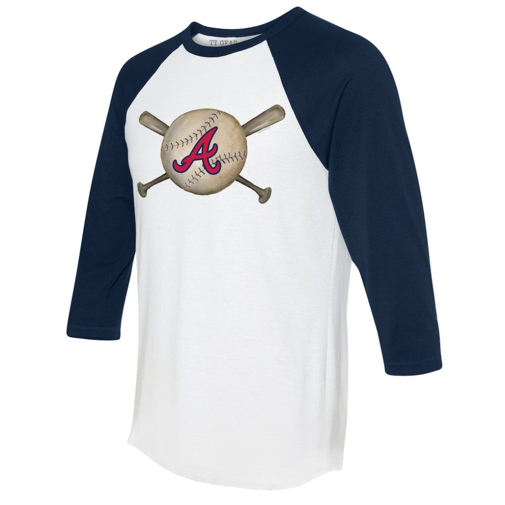 Atlanta Braves Tiny Turnip Women's Baseball Cross Bats 3/4-Sleeve Raglan T-Shirt - White/Navy