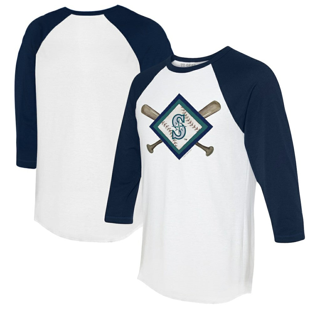 Seattle Mariners Tiny Turnip Women's Diamond Cross Bats 3/4-Sleeve Raglan T-Shirt - White/Navy