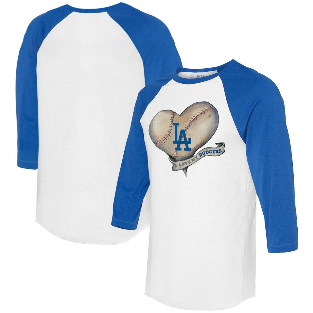 Los Angeles Dodgers Tiny Turnip Women's Heart Banner 3/4-Sleeve Raglan T-Shirt - White/Royal