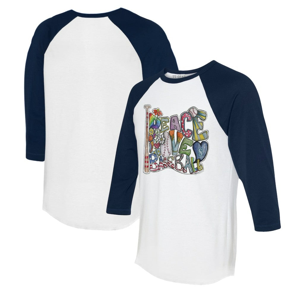Seattle Mariners Tiny Turnip Women's Peace Love Baseball 3/4-Sleeve Raglan T-Shirt - White/Navy