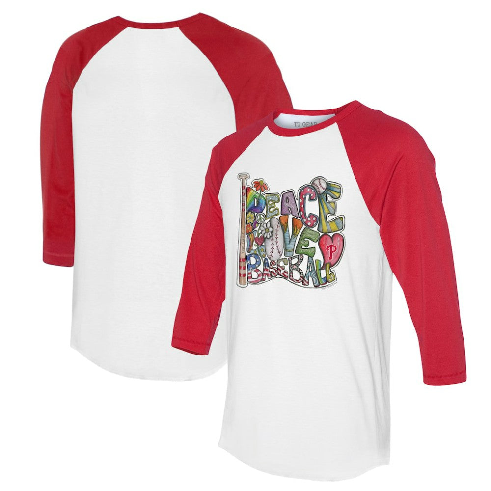 Philadelphia Phillies Tiny Turnip Women's Peace Love Baseball 3/4-Sleeve Raglan T-Shirt - White/Red