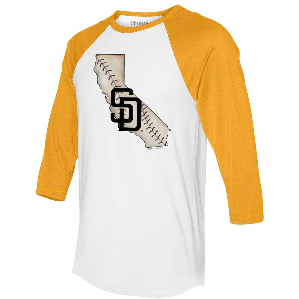 San Diego Padres Tiny Turnip Unisex State Outline 3/4-Sleeve Raglan T-Shirt - White/Gold
