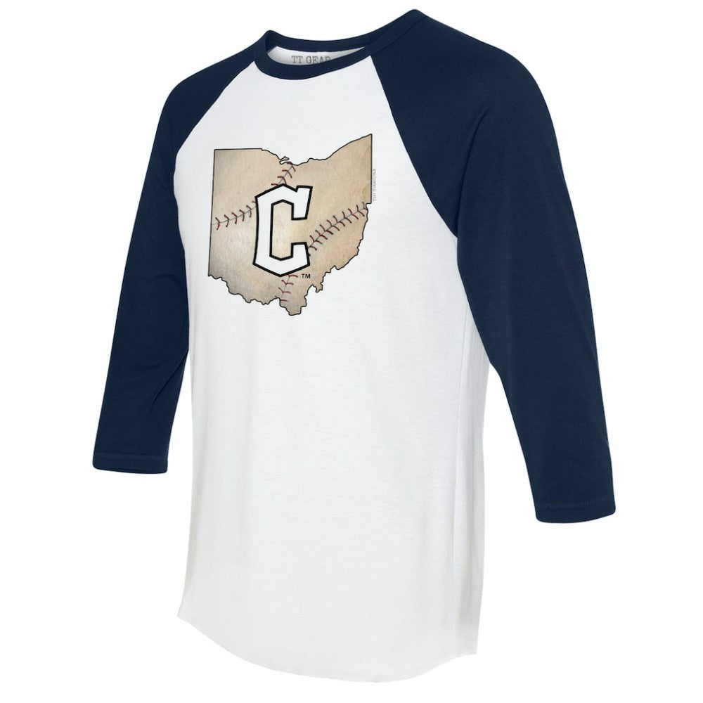Cleveland Guardians Tiny Turnip Unisex State Outline 3/4-Sleeve Raglan T-Shirt - White/Navy