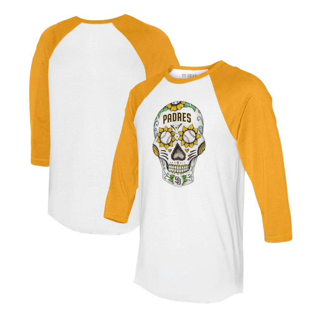 San Diego Padres Tiny Turnip Unisex Sugar Skull 3/4-Sleeve Raglan T-Shirt - White/Gold