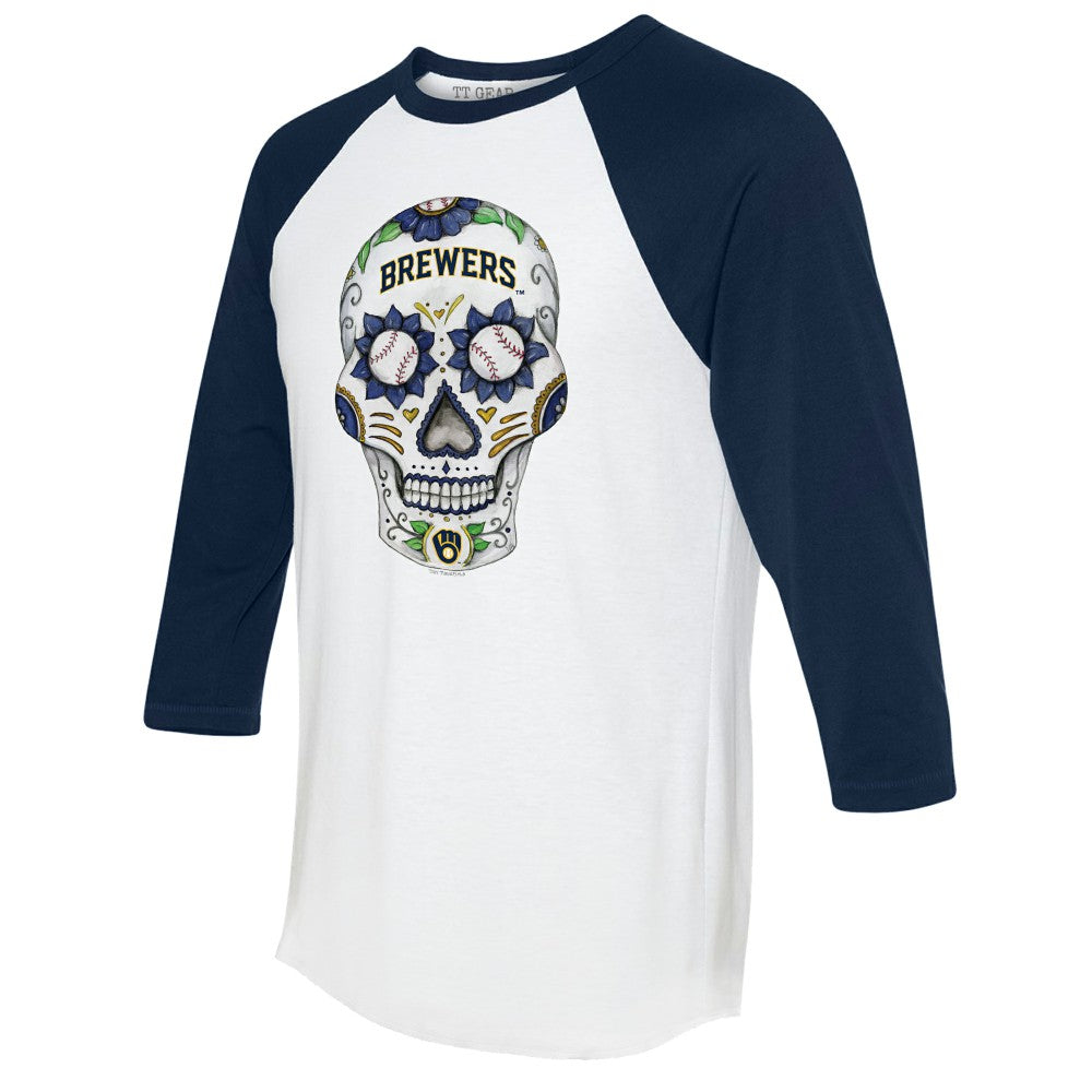 Milwaukee Brewers Tiny Turnip Unisex Sugar Skull 3/4-Sleeve Raglan T-Shirt - White/Navy
