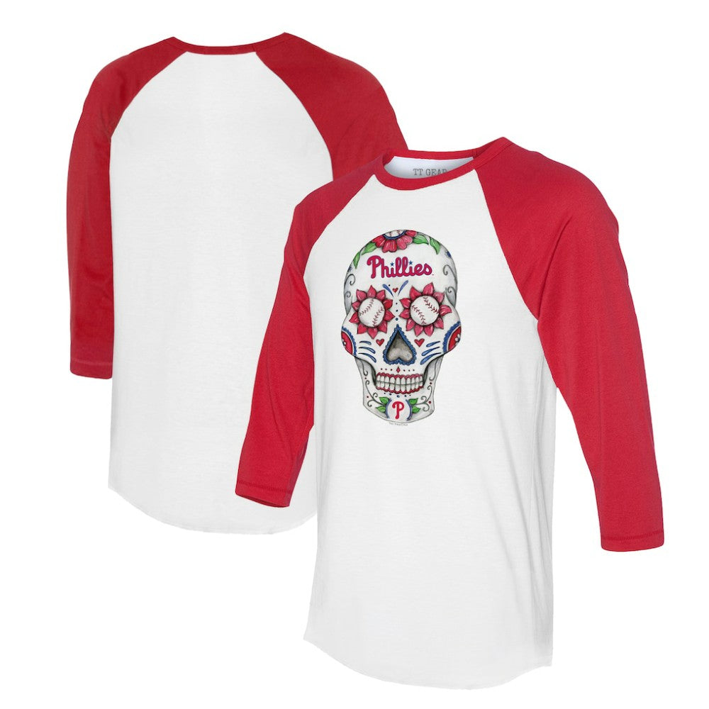 Philadelphia Phillies Tiny Turnip Unisex Sugar Skull 3/4-Sleeve Raglan T-Shirt - White/Red